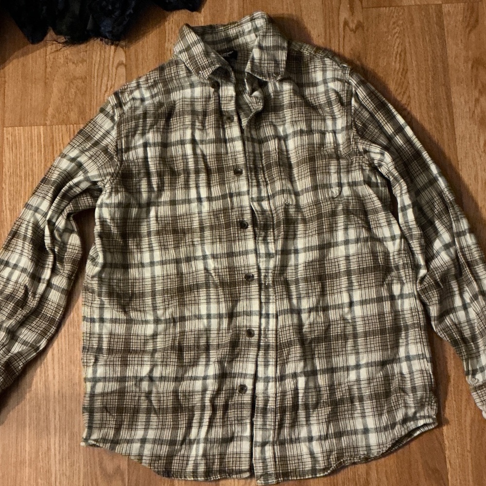 Lands' End Men's Tan and White Plaid Shirt